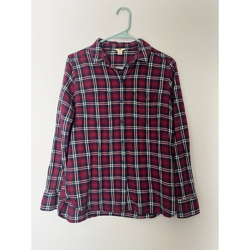 Woolrich Size M Flannel Shirt Womens Button Down Cranberry Red Navy Blue Cotton
